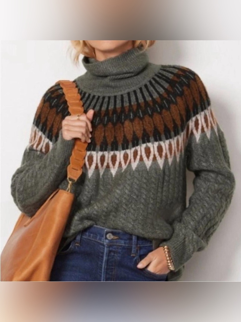 Evereve Hadley Fair Isle Turtleneck Sweater Size XS Oversized Green Brown Cozy